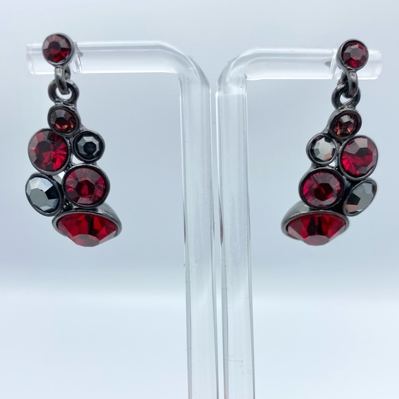 Faux Garnets Red Multi Faceted Gunmetal Tone Dangling Pierced Earrings - Picture 6 of 9